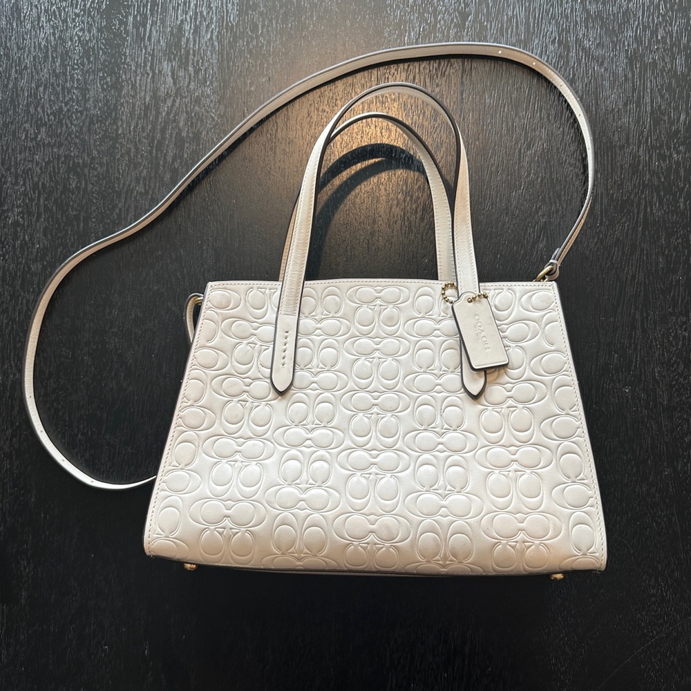 Coach White Embossed Signature Leather Crossbody Tote